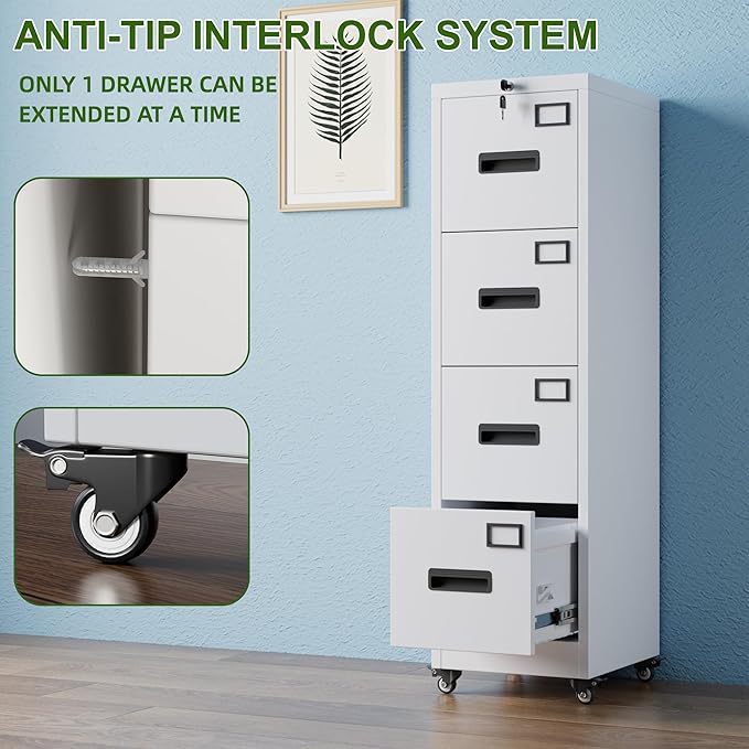 Aobabo File Cabinet 4 Drawer with Wheels, Lockable Office Metal Filing Cabinet with Name Card for Office and Home,Required Assembly,White