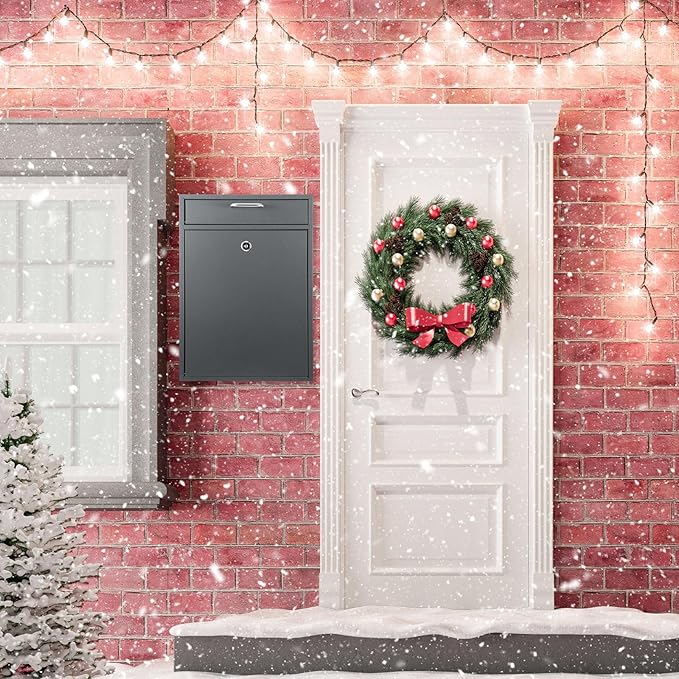 Locking Mailbox with Key for Outdoor 16.2 x 11.2 x 4.7 Inches Large Wall Mount Mail Box with Lock Security Mail Drop Metal Collection Boxes Hanging Secure Postbox(Dark Gray)