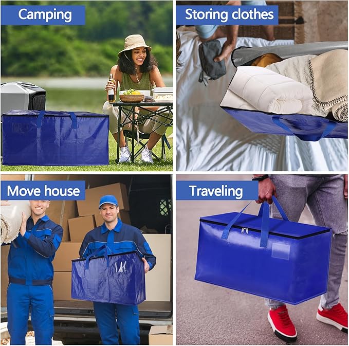 8 Pack Waterproof Moving Bags with Strong Zippers and Reinforced Handles, Real 100lb Capacity Extra Heavy Duty Large Storage Totes for Packing & Moving Storing, Alternative to Moving Boxes -95L,Blue