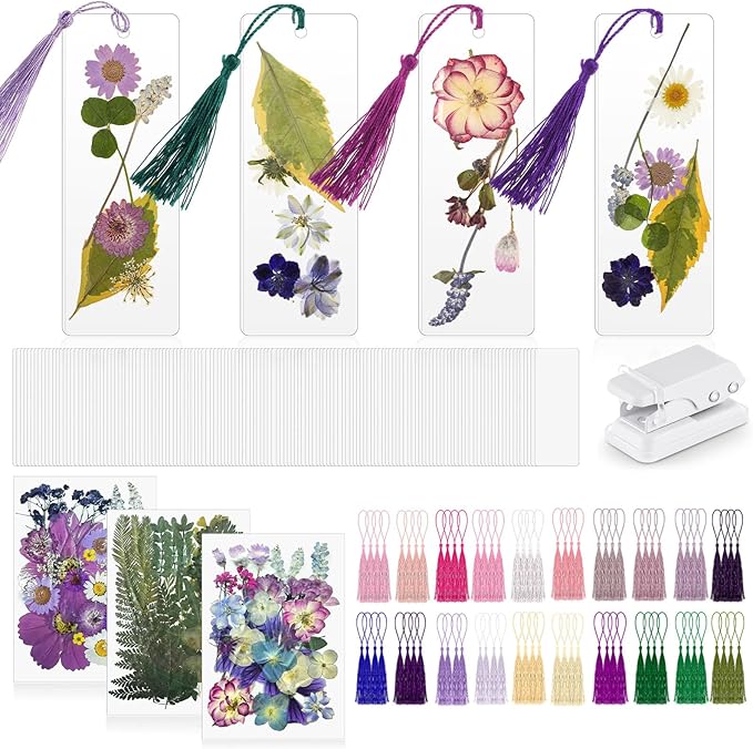 150 Pcs DIY Pressed Dried Flower Bookmark Making Kit, DIY Bookmark Bulk Thanksgiving Teacher Gifts for Reading Women Book Lovers(2 x 6 Inch,Purple)