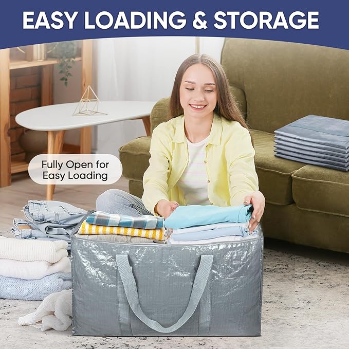 TICONN 2 Pack Extra Large Moving Bags with Zippers & Carrying Handles, Heavy-Duty Storage Tote Moving Boxes for Space Saving (2 Pack, Light Grey)