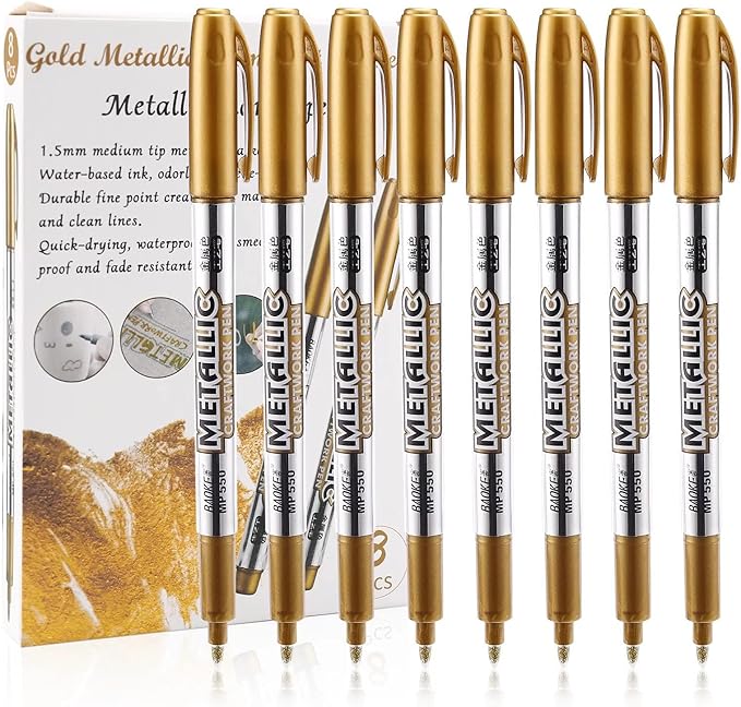 MYARTOOL Metallic Marker Pens, Gold Metallic Permanent Markers for Artist Illustration, Crafts, Gift Card Making, Scrapbooking, Fabric, DIY Photo Album, Value Set of 8