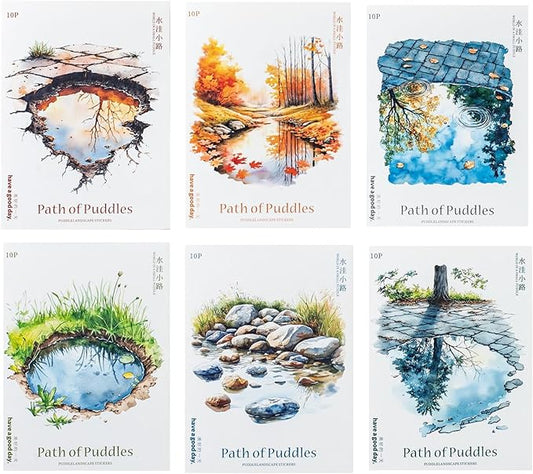60 Pieces Aesthetic Landscape Creation PET Sticker Set, 6 Pack Vintage Puddles Scenery PET Stickers for Scrapbooking, Journaling, Waterproof DIY Crafts, and Junk Journal