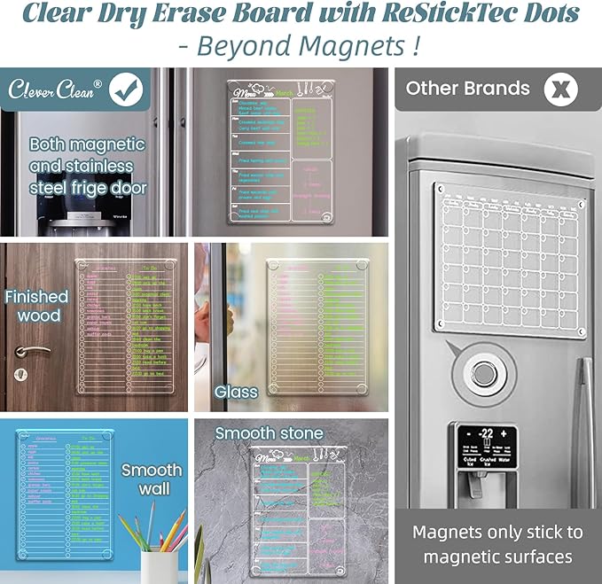 Clear Non-Magnetic Meal Planner Set for Fridge - Dry Erase Transparent Menu and List Board - Sticks to Wall, Glass, Door, Any Smooth Surfaces