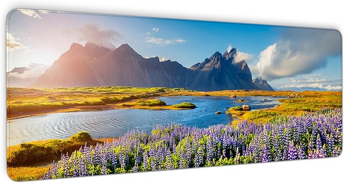 Landscape Gaming Mat, Rocky Mountain Mousepad, Iceland Desk Mat, Mountains Mouse Pads, 3mm Non-Slip Base and Stitched Edge, Wildflowers Keyboard Pad for Work, Home, 31.5 X 11.8 Inch