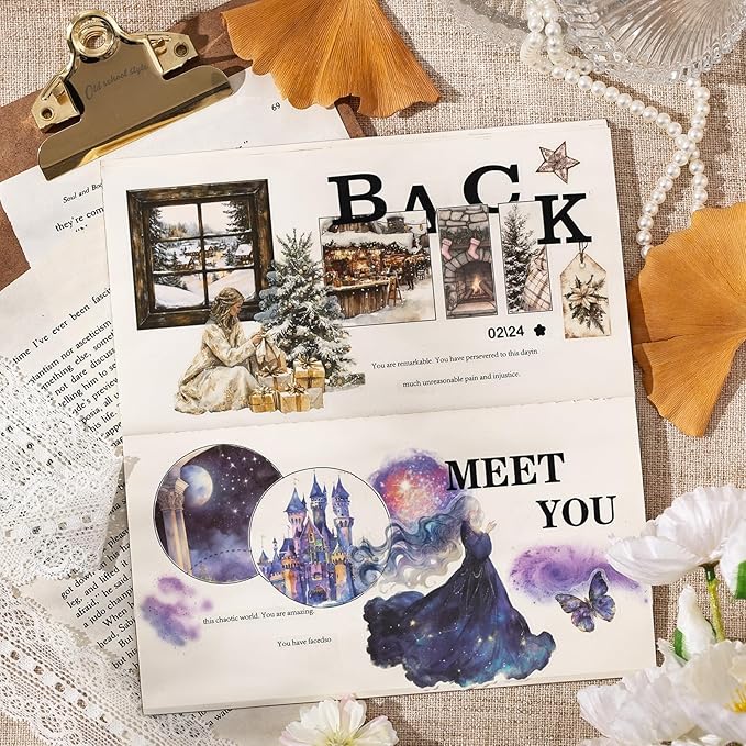 TIAMECH Nebula Secret Realm Sticker Book - Witch Magic Cat Series, 20 Sheets PET & Washi Stickers for Scrapbooking, Ephemera, Waterproof Junk Journaling Supplies & DIY Crafts (Size 10.5 x 7.1in)