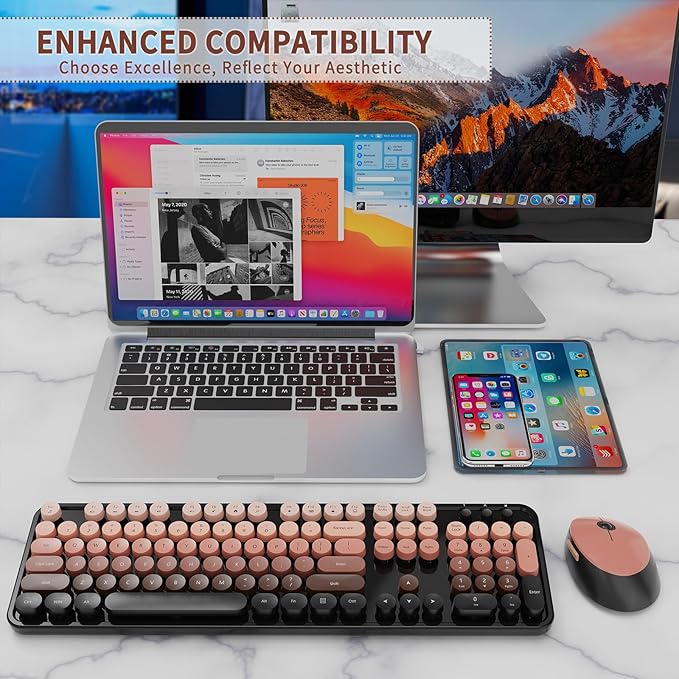 Wireless Keyboard and Mouse Combo, Retro Typewriter Keyboard with Round Keycaps, Full-Size Ergonomic, Aurora Red, Ideal for Windows PC, Home, Office, and College