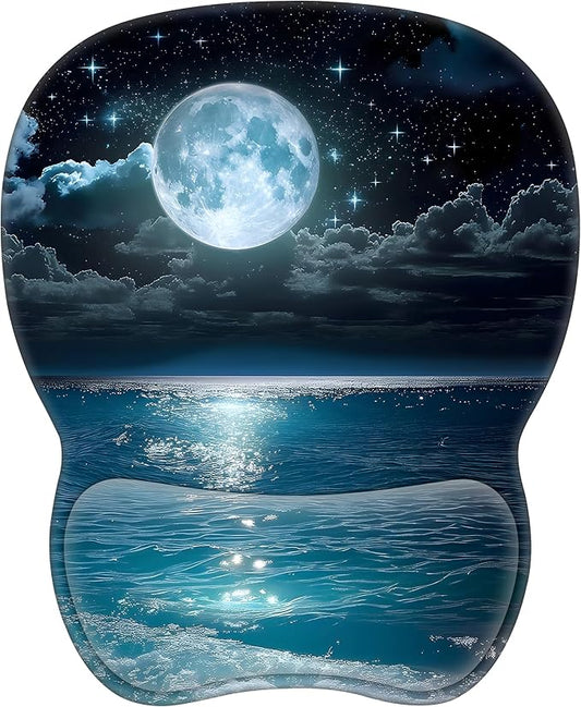 Mouse Pad with Wrist Support,Non Slip Mousepad Wrist Rest for Office, Computer, Moon Illuminating The Clear Blue OceanErgonomic Support Mouse Mat