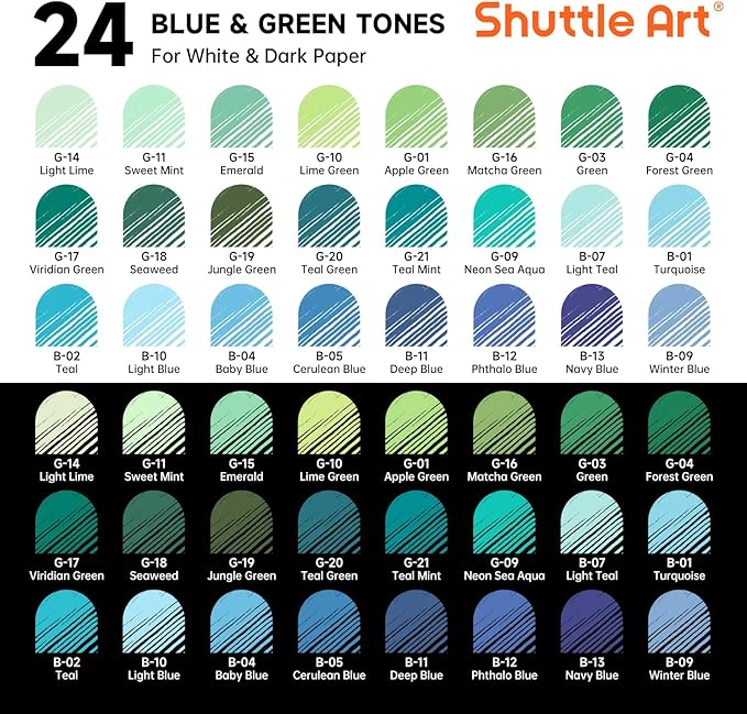 Shuttle Art Colored Pens, 24 Blue & Green Tone Colors Cute Journal Pens 0.6mm Fine Point Colored Gel Pens for Black Paper Adult Coloring Writing Drawing Journaling Note Taking School Office Home