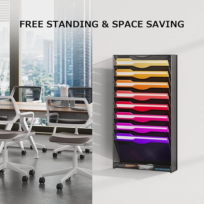 10-Tier Hanging Wall File Organizer Wall Mounted File Holder Document Wall Organizer for Office Organization and School Storage (No Assembly Required) (10 Tier Black)