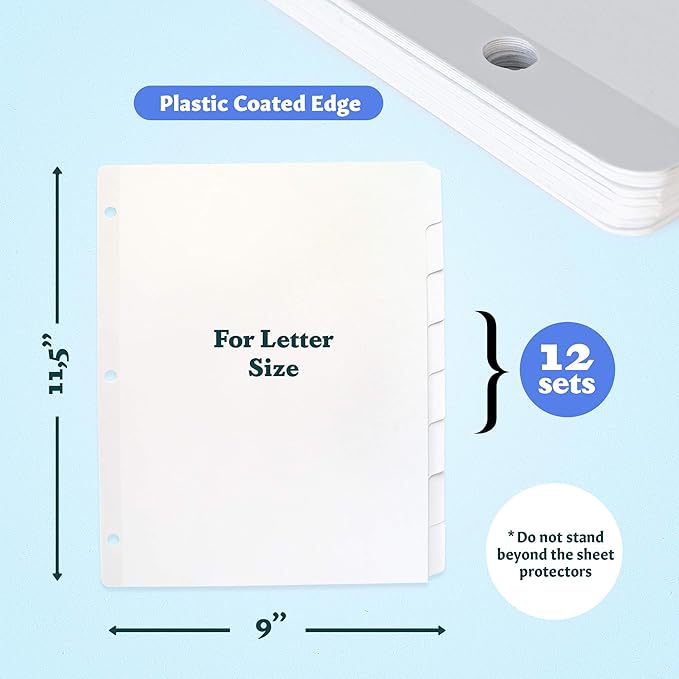 Binder Dividers with Tabs - (Set of 12) x 8-Tab Dividers for 3 Ring Binders, White, Reinforced Edge - Ideal for Keeping Your Documents Neat and Professional