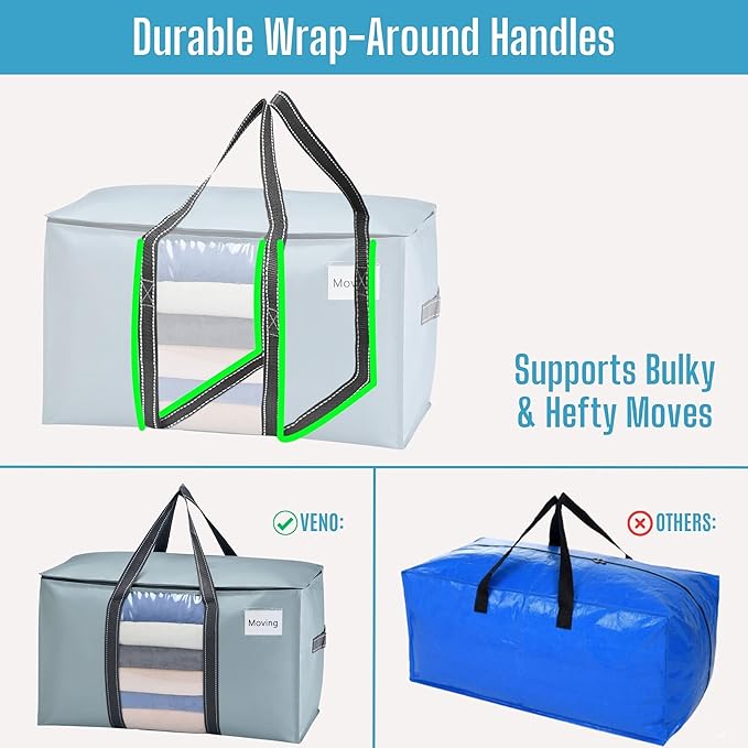 VENO 10 Pack Moving Bags, Moving Supplies, Moving Boxes, College Packing Storage Boxes with Lids Alternative, Heavy Duty Totes, Extra Large, Sturdy Handles, Zipper (Light Blue with Window, 10 Pack)