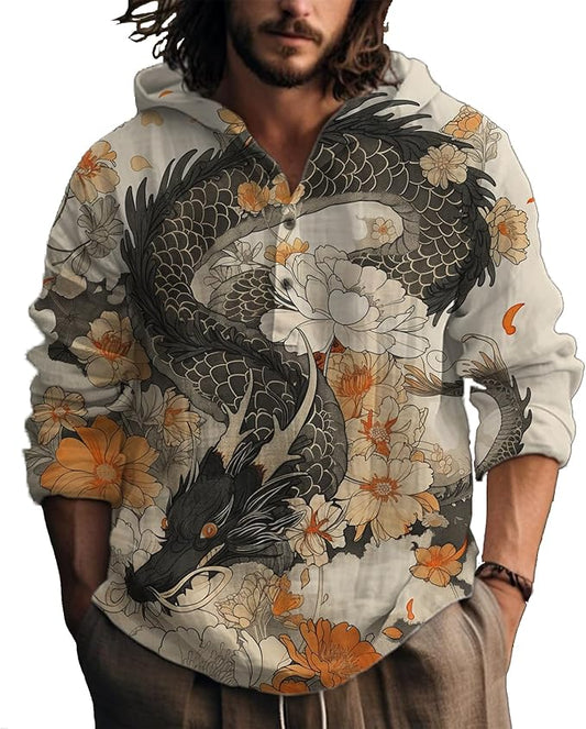 MARSVOVO Hooded Long Sleeve Shirt Men Fashion Graphic Button Up Lightweight Big and Tall Casual Vacation Shirts for Men