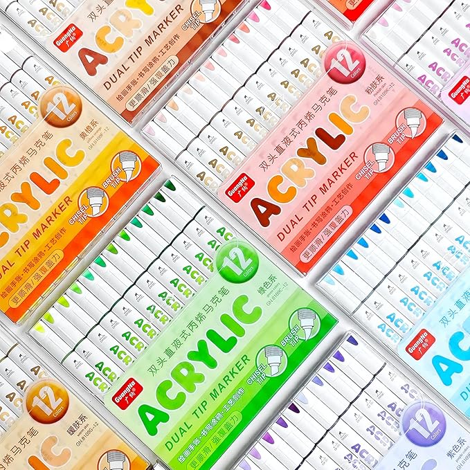 kander 12 Colors Dual Tip Acrylic Paint Markers, Reddish Brown Color — Extra Fine & Soft Brush Pen Set with Direct Ink Flow for Sketching, Detailing, Coloring on Wood, Canvas, Rock, Glass, DIY Crafts