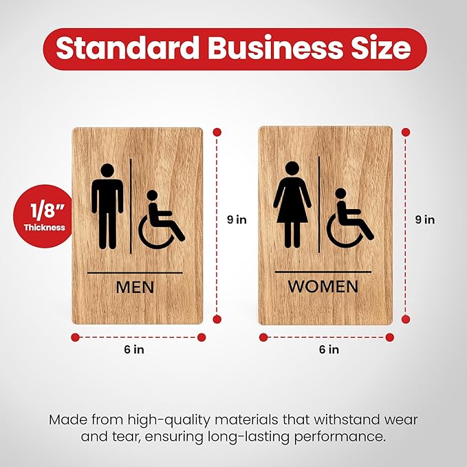 Promot Men and Women Handicap Restroom Sign – ADA Braille Bathroom Sign for Business, Self-Adhesive, 9" x 6", Commercial Door Signage, Office Wall Decor - Oak