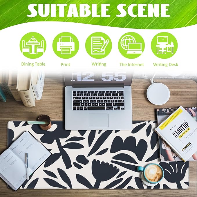 Desk Pad, Hand Drawn Leaves and Flowers Desk Mat, Abstract Plant Large Gaming Mouse Pad with Non-Slip Base and Stitched Edge, 31.5"x11.8"