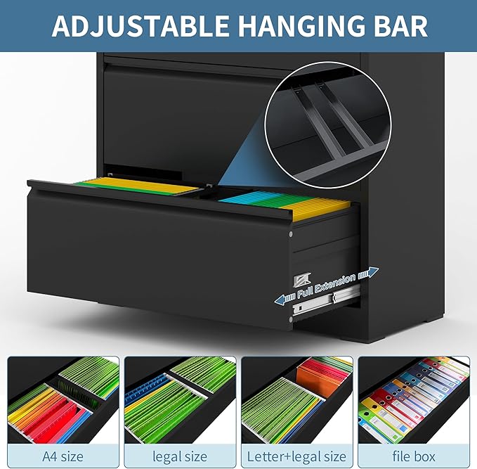 AQY 5 Drawer File Cabinet with Lock,Metal Lateral File Cabinets for Home Office,Steel Wide Filing Organization Storage Cabinets for Hanging Files Letter/Legal/F4/A4 Size,Assembly Required(Black)