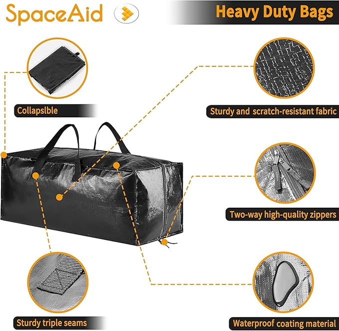 SpaceAid Heavy Duty Moving Bags, Extra Large Storage Totes W/Backpack Straps Strong Handles & Zippers, Alternative to Moving Boxes, Packing & Moving Supplies, Black (4 Pack)