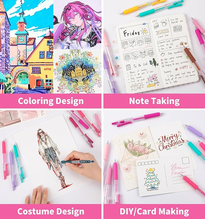 Gel Pens For Coloring, 12 Colors Retractable Colored Pens for Black Paper & White Paper, 0.7mm Fine Point Colorful Pens for Coloring, Writing, Drawing, Journaling, Note Taking, School, Office, Home