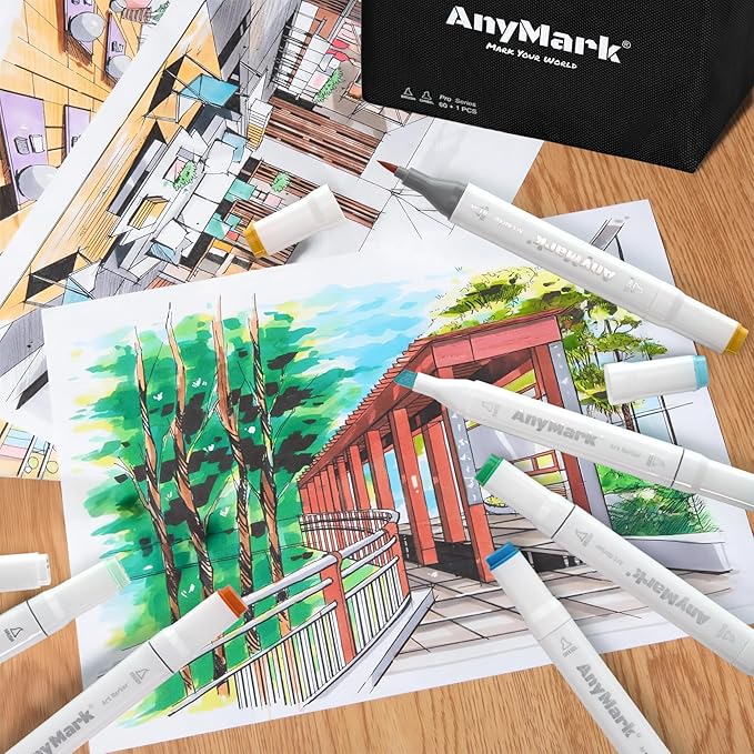 AnyMark Alcohol Markers Brush Tip, 100+1 Colors Dual Tip Brush & Chisel Alcohol-Based Art Markers Set with Case for Adult Artists Drawing Coloring