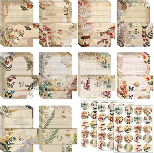TaoBary 160 Pcs Stationery Paper Set 50 Double Sided Stationery Papers with 50 Matching Envelopes and 60 Round Dot Sticker, 10 Design(Nature Vintage Style,8.5 x 11 Inch)