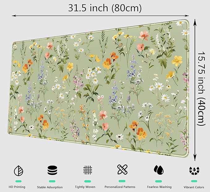 Cute Green Large Gaming Mouse Pad XXL Mousepad Sage Desk Mat with Stitched Edges, Aesthetic Computer Laptop Keyboard and Mouse Mat, Flower Plant Non-Slip Rubber Base Desk Pad 31.5x15.75 in