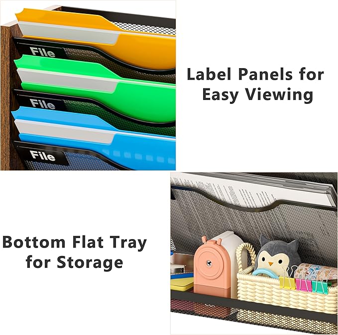 6-Tier Wall File Organizer with Bottom Tray, Ironwood Mail Organizer Wall Mounted with Metal Mesh, Document Organizer for Paper, Folder, Magazine, Office Desk Accessories for Home Cubicle Countertop