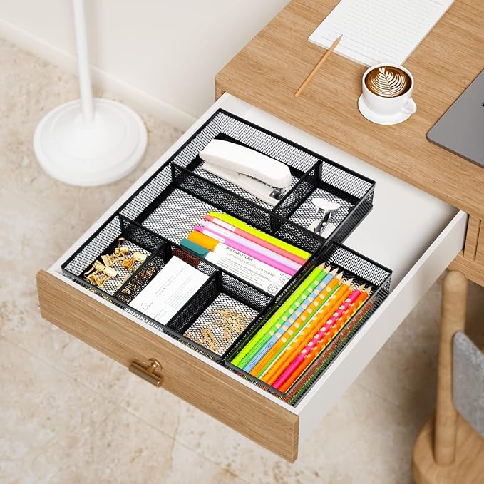 Neudeco Desk Drawer Organizer with 6 Adjustable Dividers, Metal Pen organizer for desk drawer,Mesh Office Desk Drawer Organizer Tray for office supplies (Pack 4, Black)