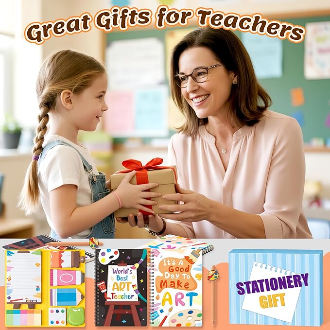 B1ykin Stationery Gift Set - 3Pcs Notebook Sticky Notes, A5 Spiral Notebooks & 550 Sheets Cute Sticky Notes with Pens Kit for Office School Teacher Thanksgiving Supplies (Art Teacher)