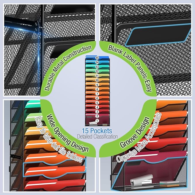 15 Tier Wall File Holder Hanging Wall File Organizer for Papers Mails Folders Document Magazine Organization, for Office School Home, Black