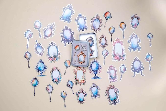 39 Pcs Mirror Mirror Sticker Set with Collectible Tin Box – Vintage Inspired Scrapbooking Stickers for Journals, Planners, Cards, DIY Crafts, Collage, Decorative Stationery & Creative Projects