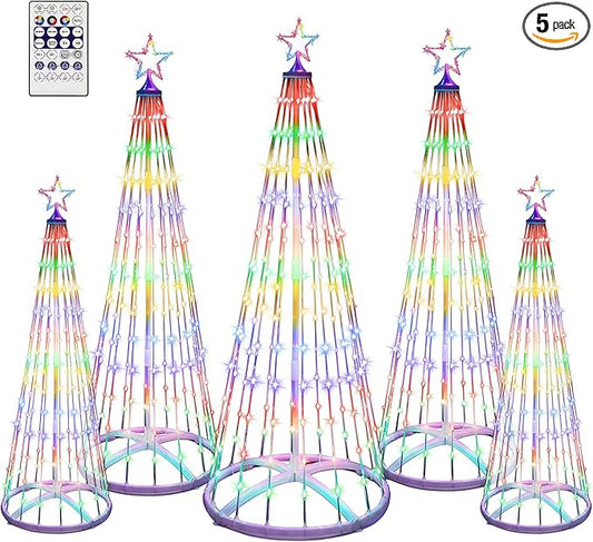 5 Pack 4/5/6 FT Smart Christmas LED Cone Tree Lights 24 Modes RGB Color Changing App Control with Timer Foldable Tree Light Outdoor Yard Holiday Decor for Christmas New Year Xmas Decorations