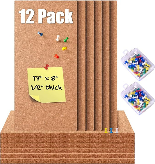 Transform Your Space with GARDYUE's 12-Pack Cork Bulletin Board Tiles - 17 x 8 Inches, 1/2" Thick, Self-Adhesive, Frameless, and Eco-Friendly - Perfect for DIY, Office, School, and Home Decor