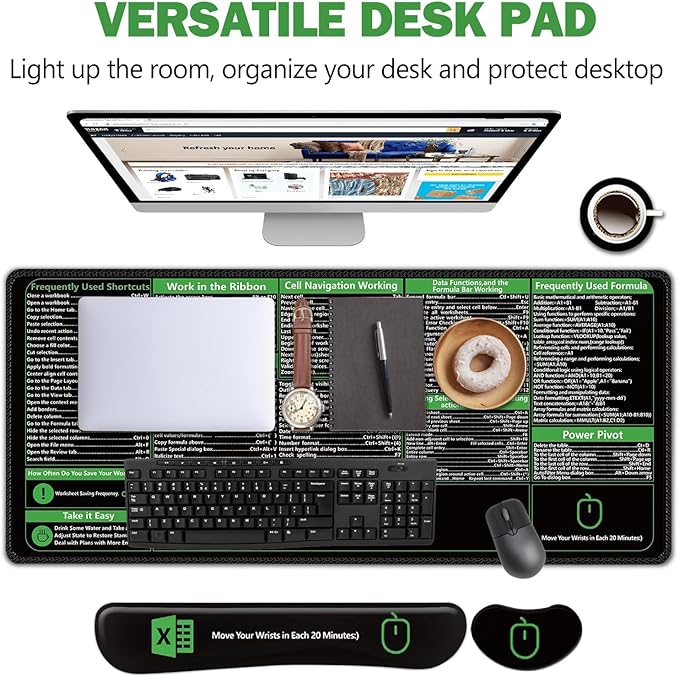 AIMSA Excel Shortcuts Cheat Sheet Mouse Pad, Large Keyboard Shortcut Keys Desk Mat+ Mouse Pad with Wrist Rest+ Keyboard Wrist Rest Support+ Coaster, Ergonomic Multifunctional Mousepad