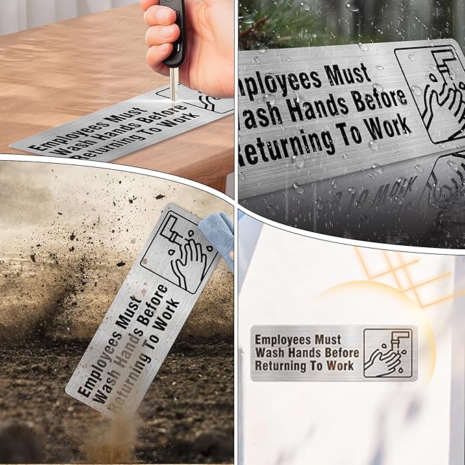 Employees Must Wash Hands Before Returning To Work Sign Aluminum Silver 9 x 3 Inches Self-Adhesive Waterproof Metal Door Wall Sign for Business Bathrooms 4 Pack