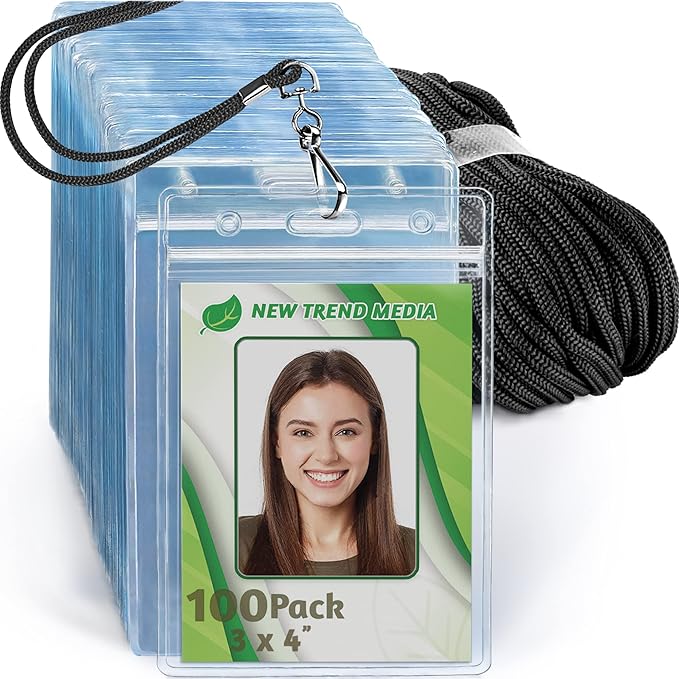 EcoEarth - 3x4 Vertical ID Badge Holder with Lanyard - Premium 100 PK, Black - Bulk Name Badge Holder and Lanyards Set - Clear Card Identification Tag Set