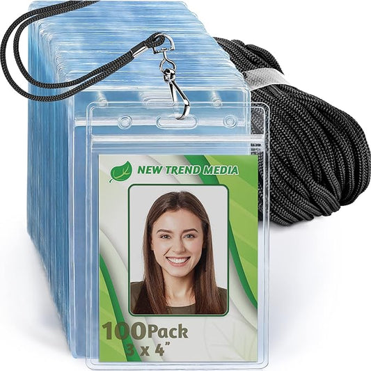 EcoEarth - 3x4 Vertical ID Badge Holder with Lanyard - Premium 100 PK, Black - Bulk Name Badge Holder and Lanyards Set - Clear Card Identification Tag Set
