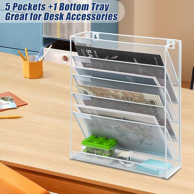 EASEPRES Desk File Organizer Mesh 6-Tier, Hanging Wall Mount Document Organization Stand, Desktop Vertical Mail Paper Folder Holder Rack with Bottom Tray for Office Home Cubicle Countertop, White