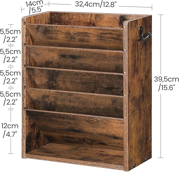 Wall File Organizer, 6-Tier Vertical Mount Hanging Holder with 2 Side Hooks, Vintage Wooden Magazine Storage Crate with Bottom Flat Tray, Desk Organizer, for Office, Home, Rustic Brown MWJ01FG