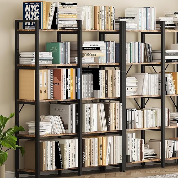 oneinmil Bookshelf 5 Tier, 58.7'' Industrial Book Shelf, Wooden Bookshelves with 10 Open Display Shelves, Vintage Storage Rack, Standing Wide Bookcase for Home and Office, Rustic Brown