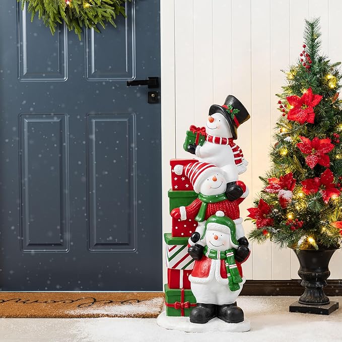 Glitzhome Christmas Stacked Triple Snowman Porch Decor, 35.25"H Resin Statue with Gift Boxes, Hand-Painted Outdoor/Indoor Holiday Display for Entryway