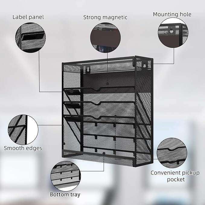 5 Tier Magnetic File Holder, No Drilling Wall File Organizer, Magazine Paper Mail Document Holder/Magnetic Hanging File Organizer for File Cabinets,Whiteboard refrigerator,Office,Classroom(Black)