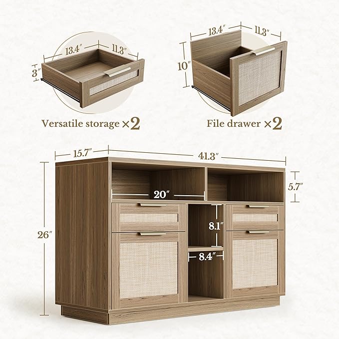 4 Drawer File Cabinet, Fluted Wood Lateral Filing Cabinet with Lock and Charging Station for Home Office, Printer Stand with Open Storage Shelves, Fits A4, Letter Size, Natural Oak
