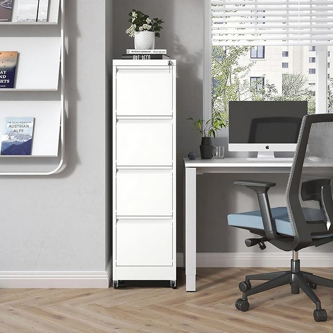 File Cabinet with Lock, 4 Drawers Filing Cabient with Wheel, Steel Vertical Filing Storage Cabinet for Home Office, Heavy-Duty File Cabinets for Letters/Legal/A4 (Require Assembly, White)