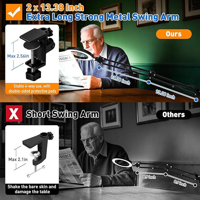12X Long Swing Arm Magnifying Glass with Light and Stand, NUEYiO 4-Way Large Strong Metal Clamp Lighted Magnifier Lamp, 5 Color Modes LED Magnifying Lamp for Workbench, Crafting, Hobby