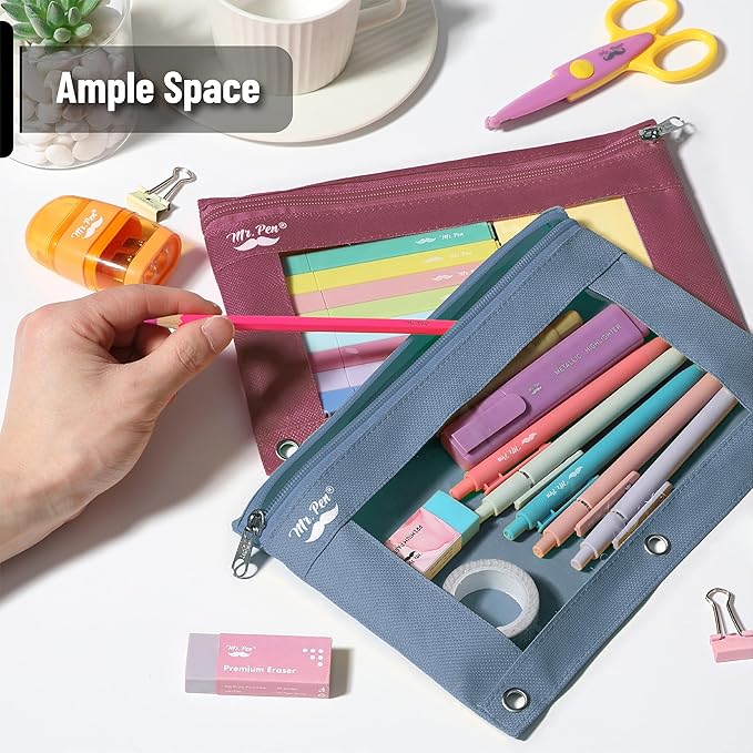 Mr. Pen- 2 Pack Pencil Cases, Flat Zipper Pouch for 3 Ring Binder