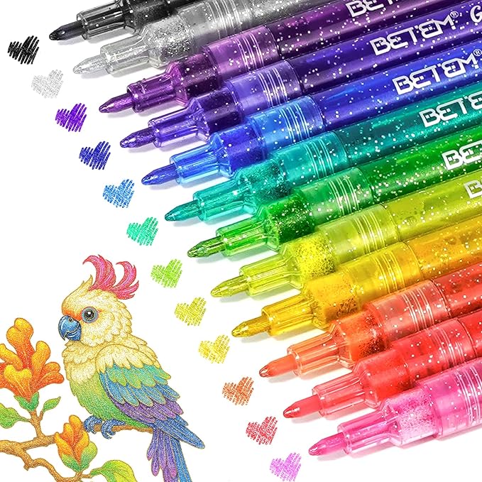 Betem Glitter Markers Pen, 12 Colors Sparkly and Shiny Metallic Markers Fine Tip Water-based Ink Glitter Pens For Scrapbooking Supplies, Glass, Mugs, Rock Painting, Cards, Christmas Gifts for Teens