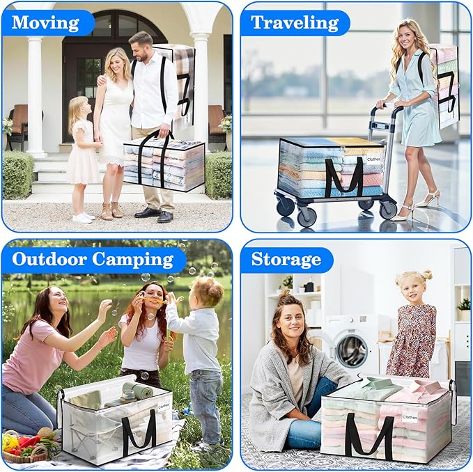 BlissTotes 4-Pack Large Moving Bags with Backpack Straps & Strong Zippers, Heavy-Duty Storage Bags Moving Boxes for Space Saving, Dorms, Transport, 125L-30 Gallons, Clear