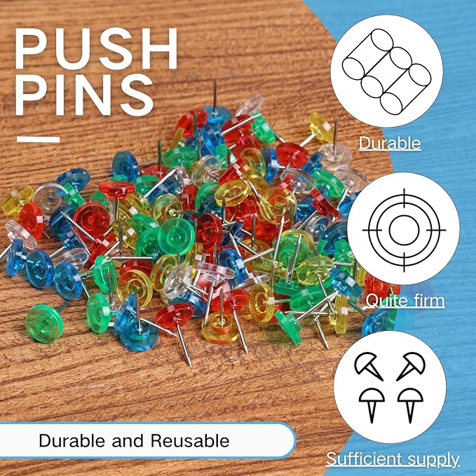 150 PCS Flat Clear Colored Push Pins for Wall Thumb Tacks for Walls Flat thumbtacks Push pin for Bulletin Board Shadow Box Display Thumbtack for Cork Board