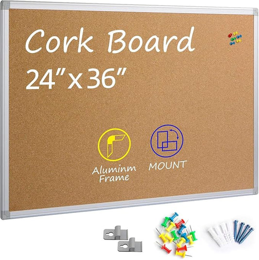 Board2by Cork Board Bulletin Board 24 x 36, Silver Aluminium Framed 2x3 Corkboard, Office Board for Wall Cork, Large Wall Mounted Notice Pin Board